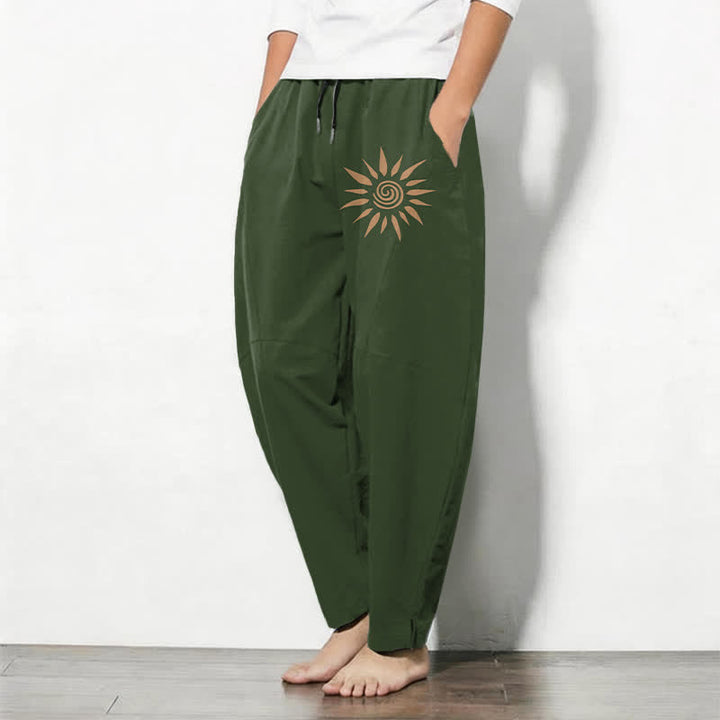 Buddha Stones Herrenhose aus reiner Baumwolle mit spiralförmigem Sonnenmuster, Kordelzug und Taschen - image 12