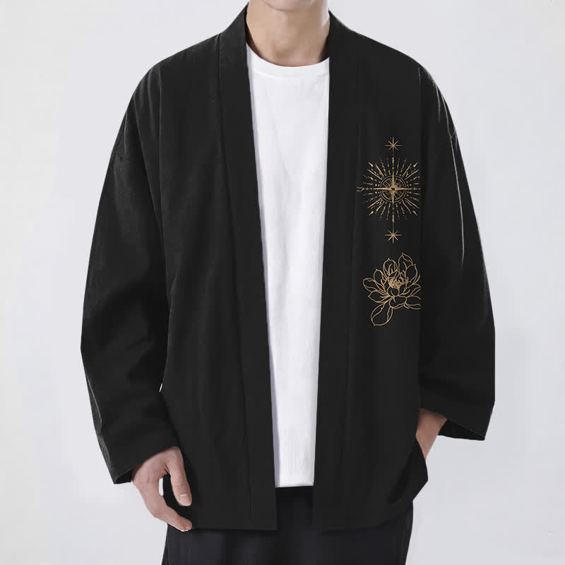Buddha Stones Kimono für Herren aus Baumwolle mit strahlendem Lotus-Sternenmuster und offener Vorderseite - Schwarz - US/UK/AU48, EU58 (4XL) - image 0