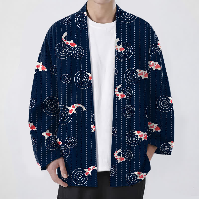 Buddha Stones Kimono für Herren aus Baumwolle mit Koi-Riffelmuster und offener Vorderseite - Marine - US/UK/AU48, EU58 (4XL) - image 0