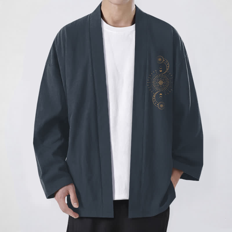 Buddha Stones Baumwollkimono für Herren mit himmlischem Mondphasen- und Sonnenmuster, offener Vorderseite - Dunkelgrau - US/UK/AU48, EU58 (4XL) - image 0