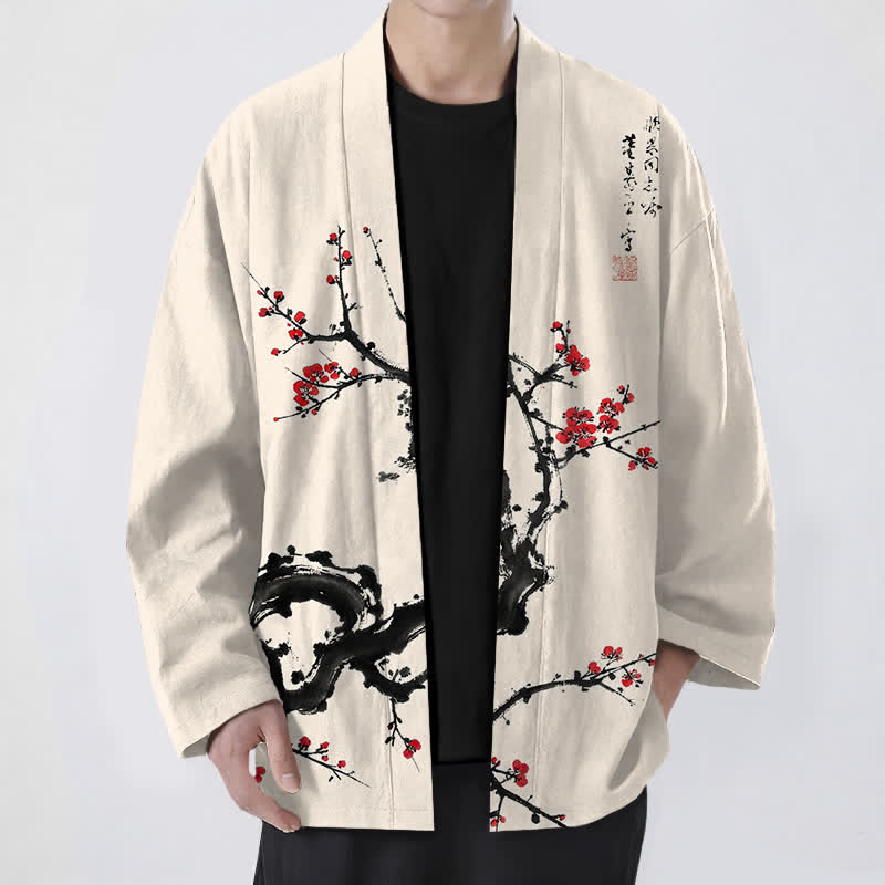 Buddha Stones Kimono für Herren aus Baumwolle mit Pflaumenblütenmuster und offener Vorderseite - Beige - US/UK/AU48, EU58 (4XL) - image 0