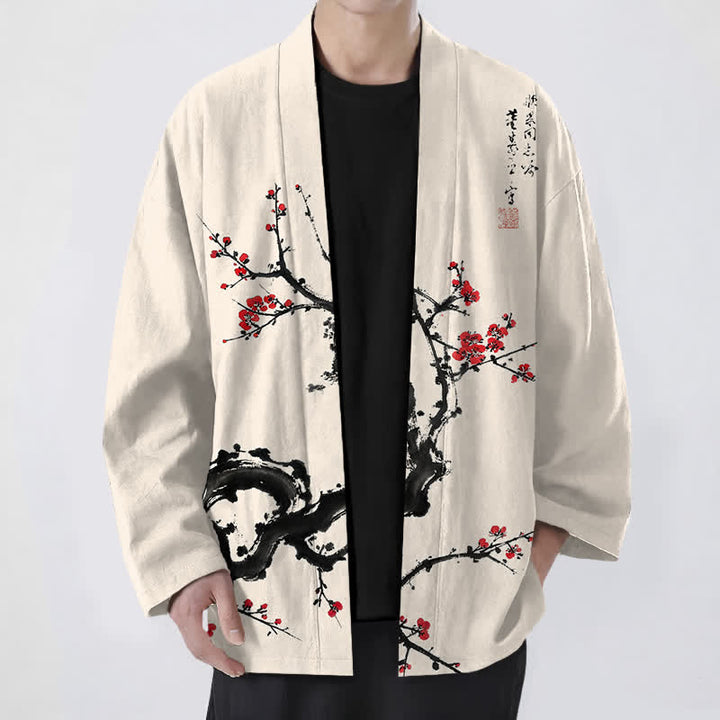 Buddha Stones Kimono für Herren aus Baumwolle mit Pflaumenblütenmuster und offener Vorderseite - Beige - US/UK/AU48, EU58 (4XL) - image 0