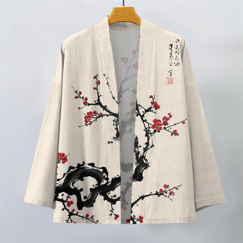 Buddha Stones Kimono für Herren aus Baumwolle mit Pflaumenblütenmuster und offener Vorderseite - image 1