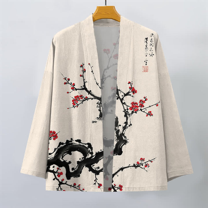Buddha Stones Kimono für Herren aus Baumwolle mit Pflaumenblütenmuster und offener Vorderseite - image 1