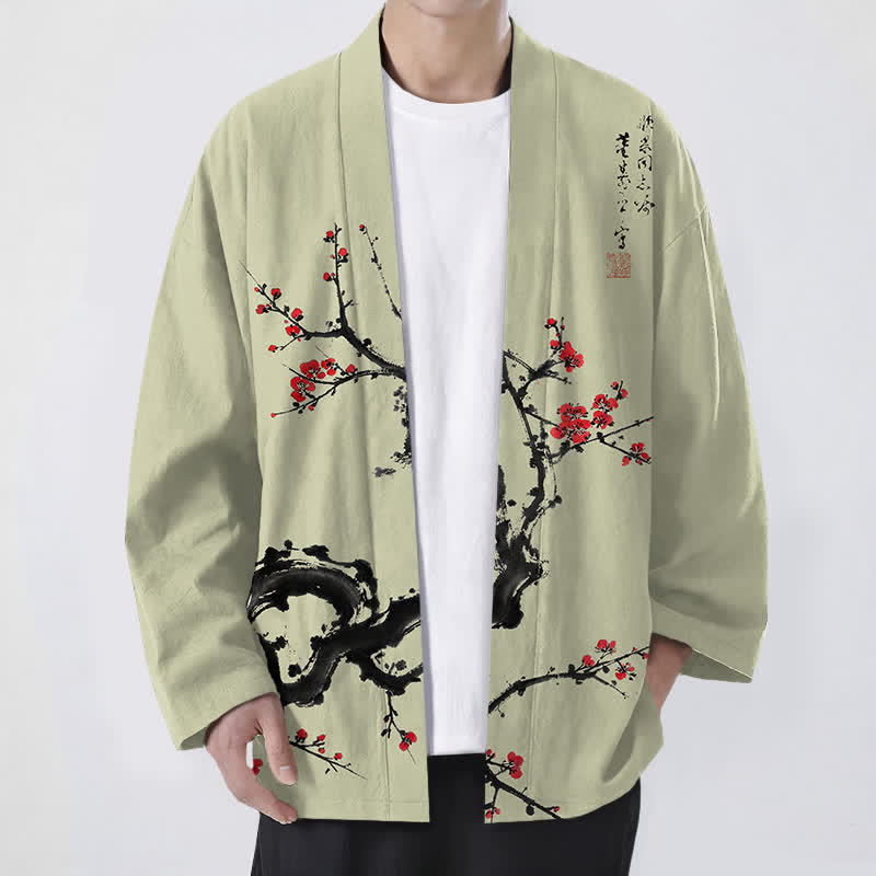 Buddha Stones Kimono für Herren aus Baumwolle mit Pflaumenblütenmuster und offener Vorderseite - GrünGelb - US/UK/AU48, EU58 (4XL) - image 6