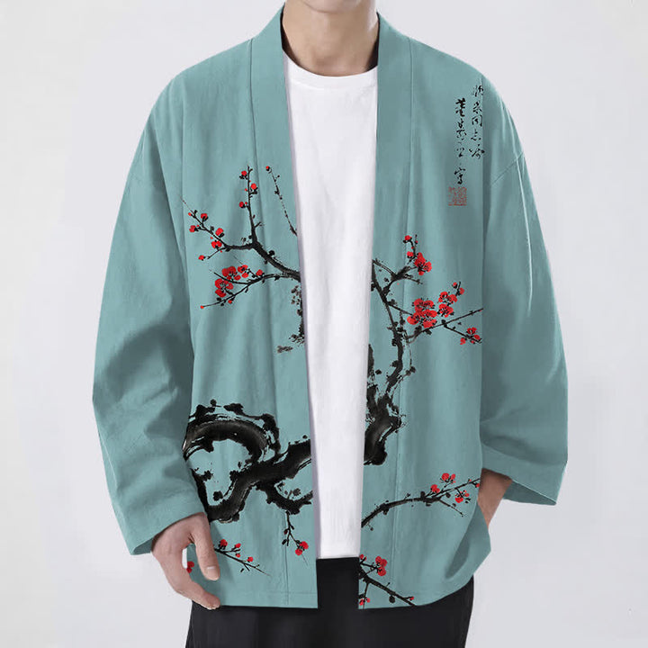 Buddha Stones Kimono für Herren aus Baumwolle mit Pflaumenblütenmuster und offener Vorderseite - Türkis - US/UK/AU48, EU58 (4XL) - image 9