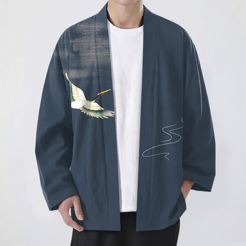 Buddha Stones Baumwollkimono mit Kranich-, Mond- und Wellenmuster, offener Vorderseite, für Herren - SteelBlue - US/UK/AU48, EU58 (4XL) - image 0