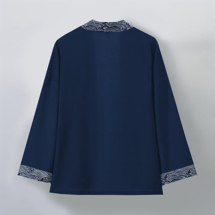 Buddha Stones Kimono für Herren aus Baumwolle mit offenem Vorderteil und Besatzmuster im Ozeanwellen-Design - image 2