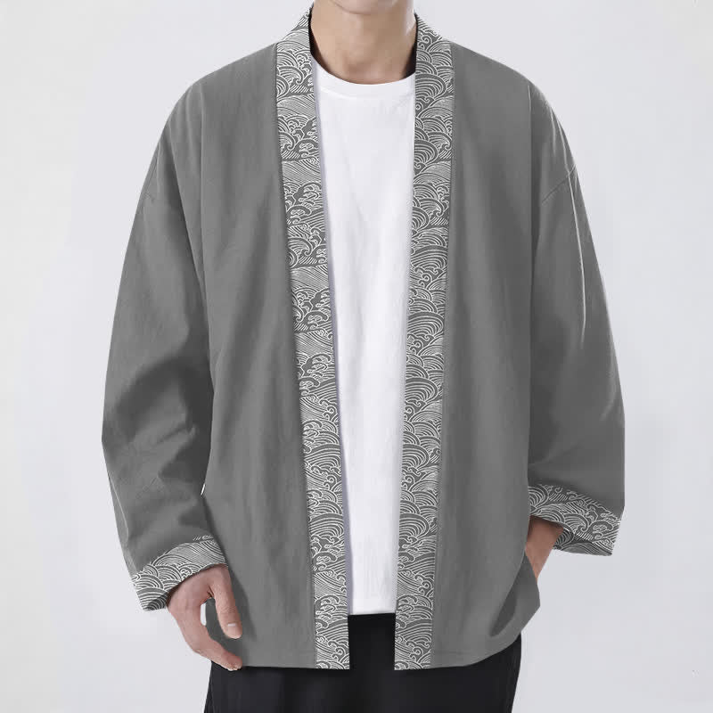 Buddha Stones Kimono für Herren aus Baumwolle mit offenem Vorderteil und Besatzmuster im Ozeanwellen-Design - Grau - US/UK/AU48, EU58 (4XL) - image 6
