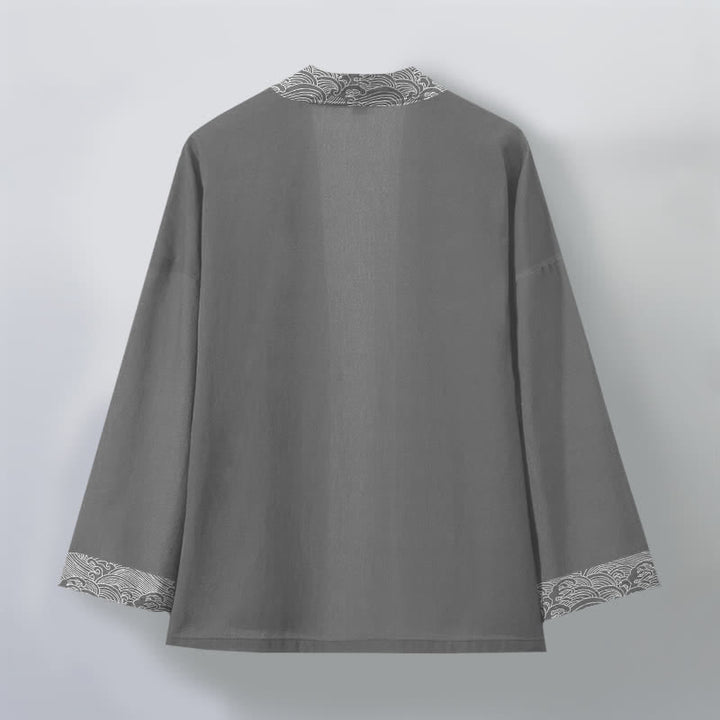 Buddha Stones Kimono für Herren aus Baumwolle mit offenem Vorderteil und Besatzmuster im Ozeanwellen-Design - image 8