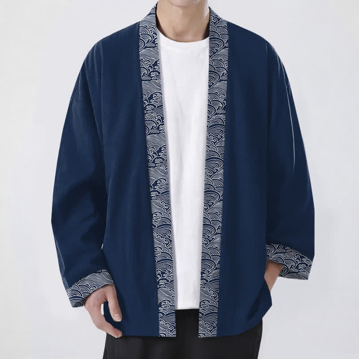 Buddha Stones Kimono für Herren aus Baumwolle mit offenem Vorderteil und Besatzmuster im Ozeanwellen-Design - Marine - US/UK/AU48, EU58 (4XL) - image 0