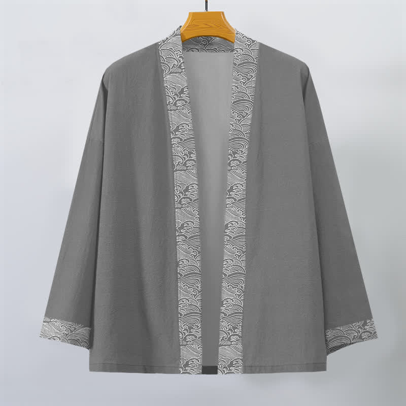 Buddha Stones Kimono für Herren aus Baumwolle mit offenem Vorderteil und Besatzmuster im Ozeanwellen-Design - image 7