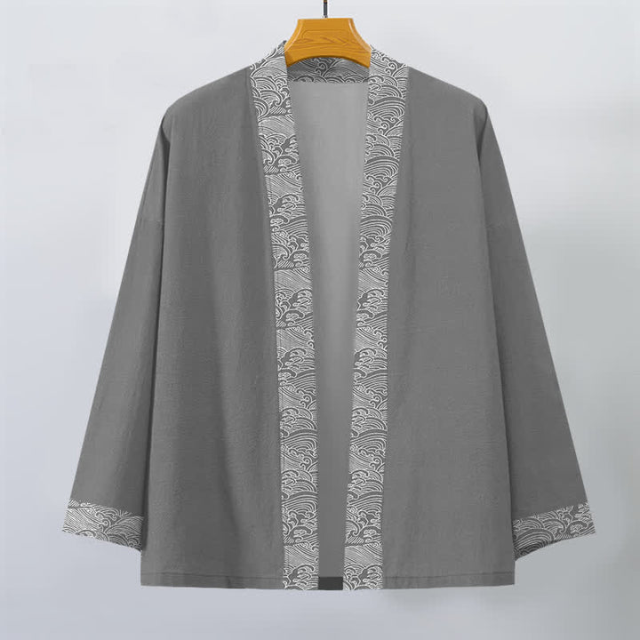Buddha Stones Kimono für Herren aus Baumwolle mit offenem Vorderteil und Besatzmuster im Ozeanwellen-Design - image 7