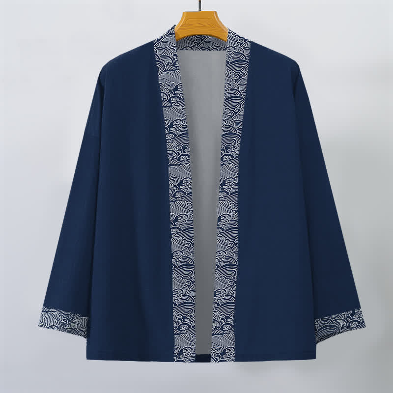 Buddha Stones Kimono für Herren aus Baumwolle mit offenem Vorderteil und Besatzmuster im Ozeanwellen-Design - image 1