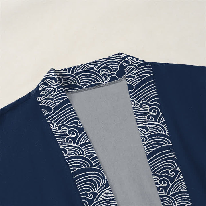Buddha Stones Kimono für Herren aus Baumwolle mit offenem Vorderteil und Besatzmuster im Ozeanwellen-Design - image 3