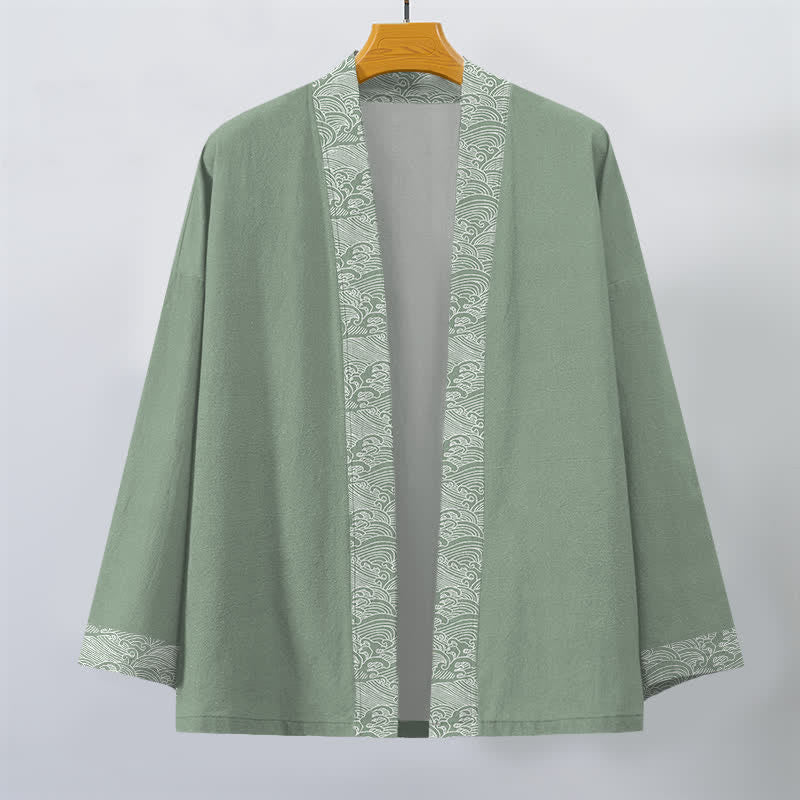 Buddha Stones Kimono für Herren aus Baumwolle mit offenem Vorderteil und Besatzmuster im Ozeanwellen-Design - image 10