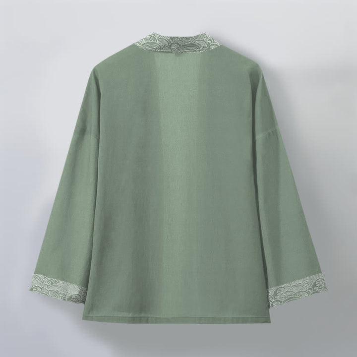 Buddha Stones Kimono für Herren aus Baumwolle mit offenem Vorderteil und Besatzmuster im Ozeanwellen-Design - image 11