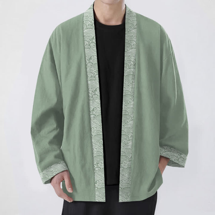 Buddha Stones Kimono für Herren aus Baumwolle mit offenem Vorderteil und Besatzmuster im Ozeanwellen-Design - Dunkelmeergrün - US/UK/AU48, EU58 (4XL) - image 9