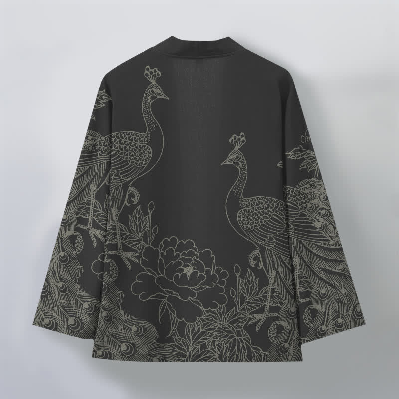 Buddha Stones Baumwollkimono mit Pfauen- und Pfingstrosenmuster und offener Vorderseite für Herren - image 2