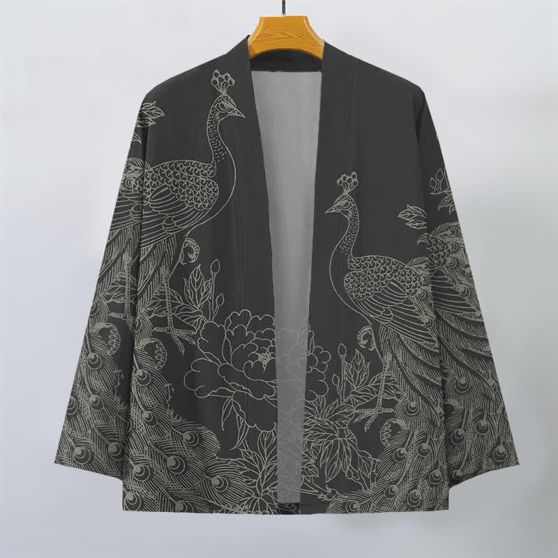 Buddha Stones Baumwollkimono mit Pfauen- und Pfingstrosenmuster und offener Vorderseite für Herren - image 1