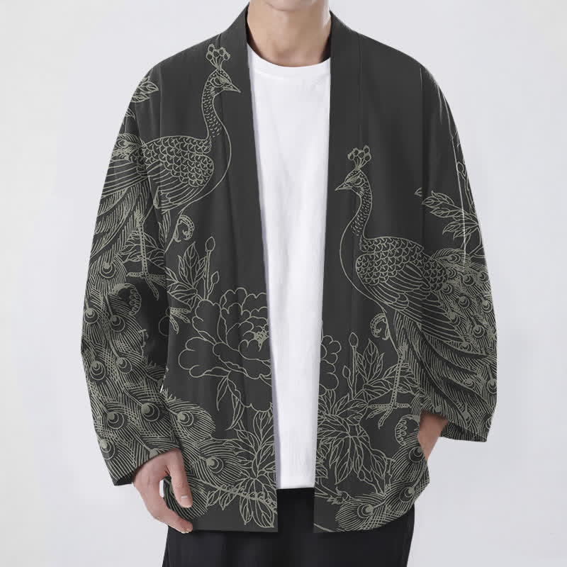 Buddha Stones Baumwollkimono mit Pfauen- und Pfingstrosenmuster und offener Vorderseite für Herren - Schwarz - US/UK/AU48, EU58 (4XL) - image 0