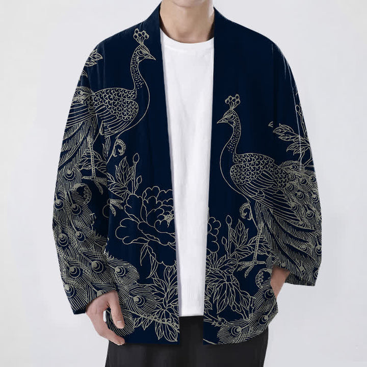 Buddha Stones Baumwollkimono mit Pfauen- und Pfingstrosenmuster und offener Vorderseite für Herren - Marine - US/UK/AU48, EU58 (4XL) - image 6