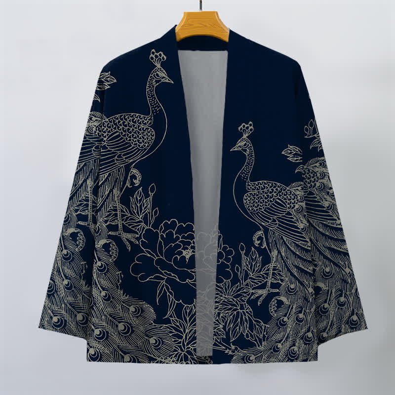 Buddha Stones Baumwollkimono mit Pfauen- und Pfingstrosenmuster und offener Vorderseite für Herren - image 7