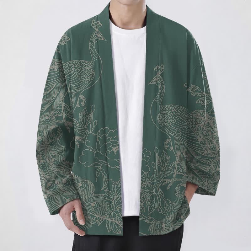 Buddha Stones Baumwollkimono mit Pfauen- und Pfingstrosenmuster und offener Vorderseite für Herren - Mittelseegrün - US/UK/AU48, EU58 (4XL) - image 9