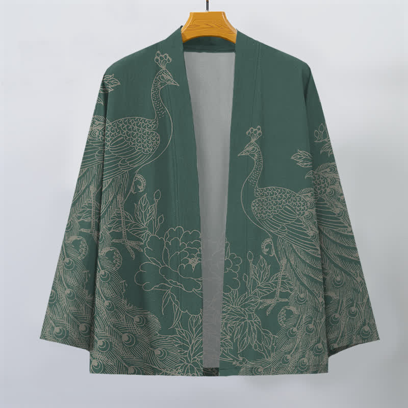 Buddha Stones Baumwollkimono mit Pfauen- und Pfingstrosenmuster und offener Vorderseite für Herren - image 10