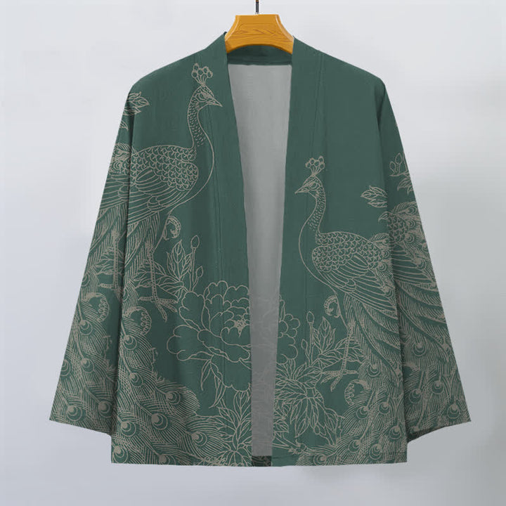 Buddha Stones Baumwollkimono mit Pfauen- und Pfingstrosenmuster und offener Vorderseite für Herren - image 10