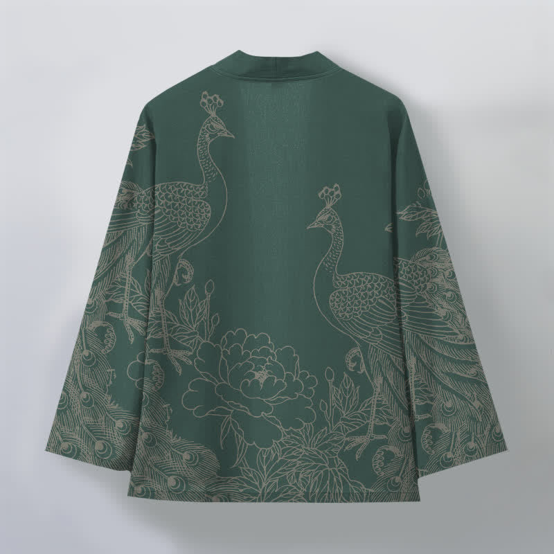 Buddha Stones Baumwollkimono mit Pfauen- und Pfingstrosenmuster und offener Vorderseite für Herren - image 11