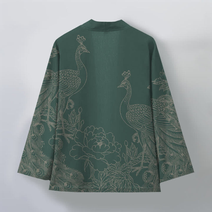 Buddha Stones Baumwollkimono mit Pfauen- und Pfingstrosenmuster und offener Vorderseite für Herren - image 11