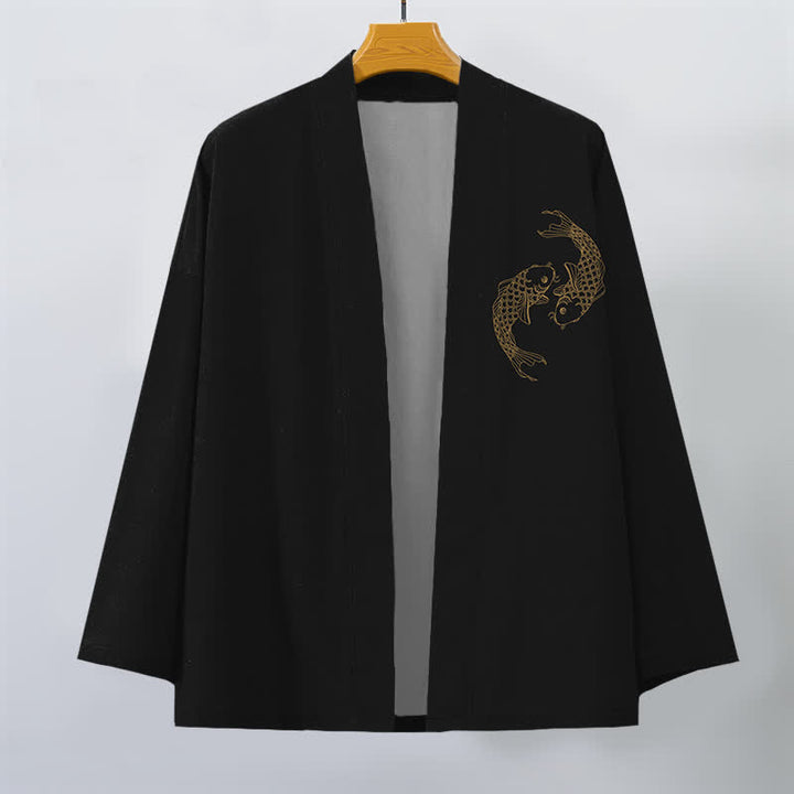 Buddha Stones Baumwollkimono für Herren mit zwei Koi-Karpfen und offener Vorderseite - Schwarz - US/UK/AU48, EU58 (4XL) - image 0
