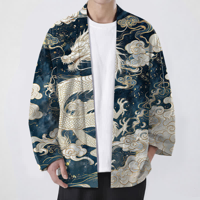 Buddha Stones Kimono aus Baumwolle mit himmlischem Drachen- und Wolkenmuster, offener Vorderseite, für Herren - Marine - US/UK/AU48, EU58 (4XL) - image 0