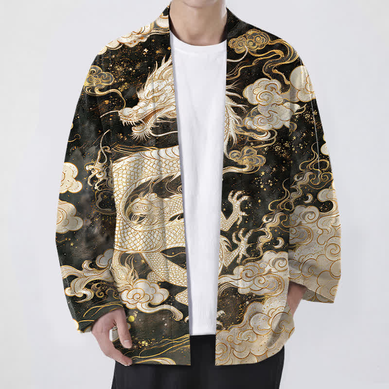 Buddha Stones Kimono aus Baumwolle mit himmlischem Drachen- und Wolkenmuster, offener Vorderseite, für Herren - Khaki - US/UK/AU48, EU58 (4XL) - image 6