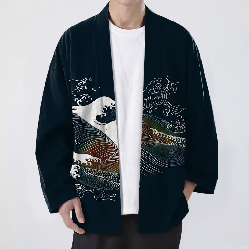Buddha Stones Kimono aus Baumwolle mit fließendem Meereswellenmuster und offener Vorderseite für Herren - Schwarz - US/UK/AU48, EU58 (4XL) - image 0