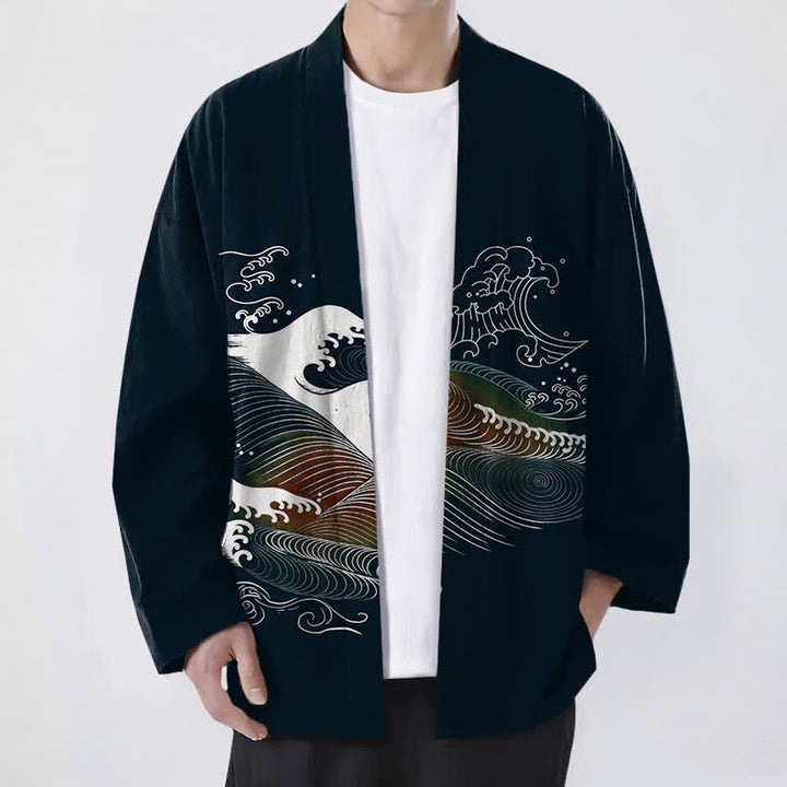 Buddha Stones Kimono aus Baumwolle mit fließendem Meereswellenmuster und offener Vorderseite für Herren - Schwarz - US/UK/AU48, EU58 (4XL) - image 0