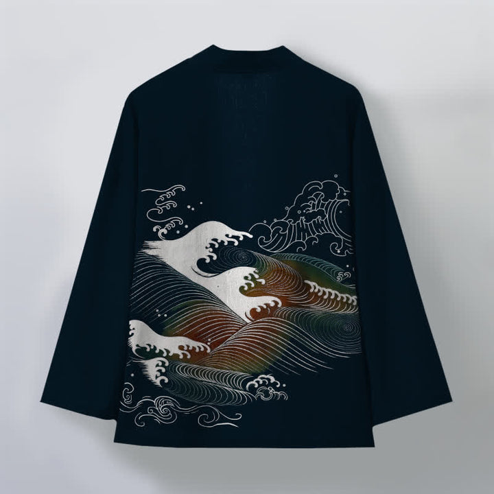 Buddha Stones Kimono aus Baumwolle mit fließendem Meereswellenmuster und offener Vorderseite für Herren - image 2
