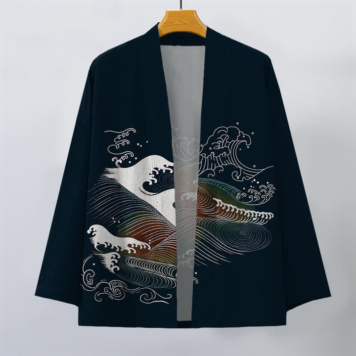 Buddha Stones Kimono aus Baumwolle mit fließendem Meereswellenmuster und offener Vorderseite für Herren - image 1
