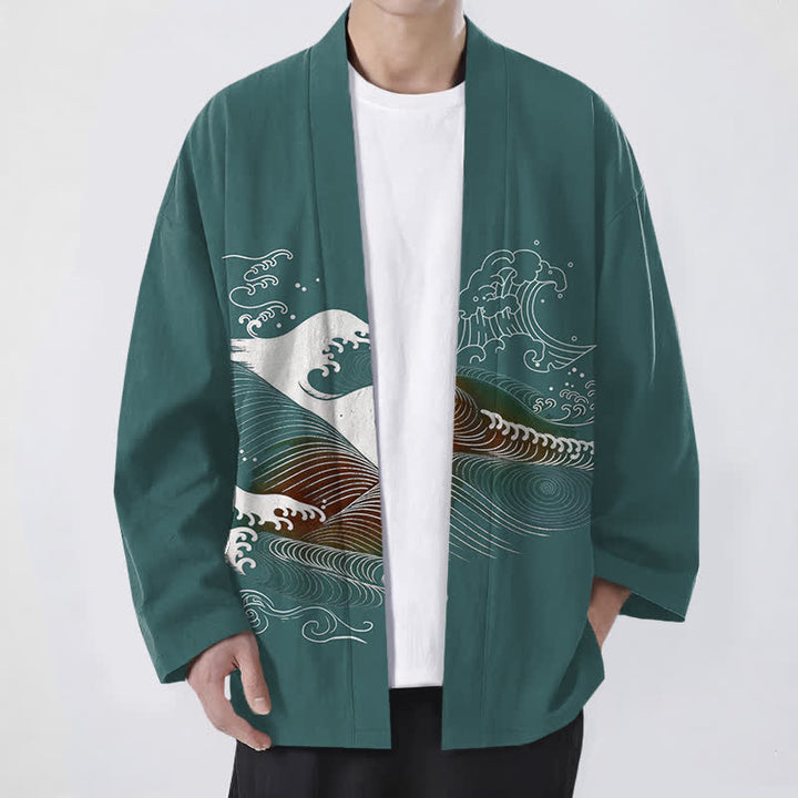 Buddha Stones Kimono aus Baumwolle mit fließendem Meereswellenmuster und offener Vorderseite für Herren - Türkis - US/UK/AU48, EU58 (4XL) - image 6