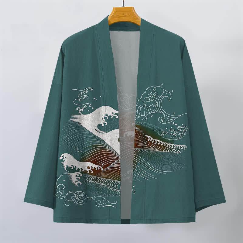 Buddha Stones Kimono aus Baumwolle mit fließendem Meereswellenmuster und offener Vorderseite für Herren - image 7