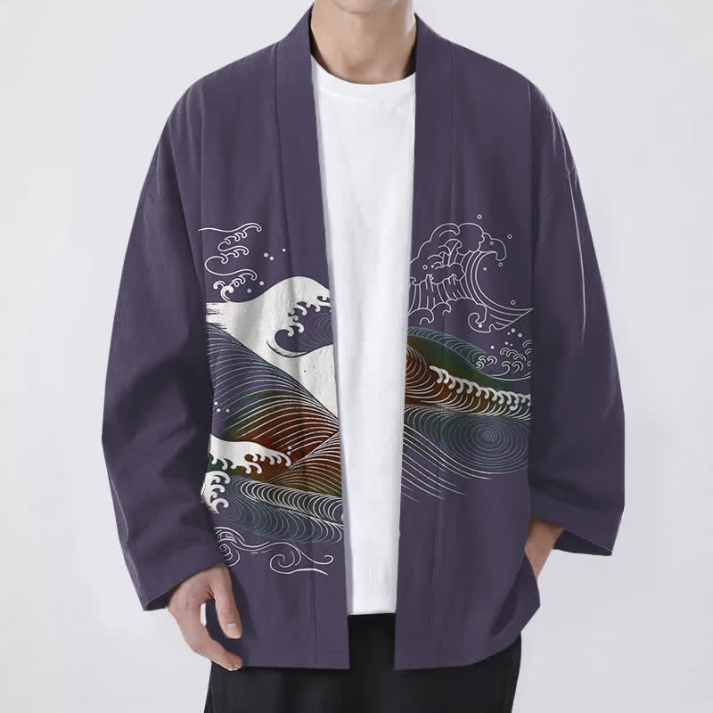 Buddha Stones Kimono aus Baumwolle mit fließendem Meereswellenmuster und offener Vorderseite für Herren - Dunkelschieferblau - US/UK/AU48, EU58 (4XL) - image 9