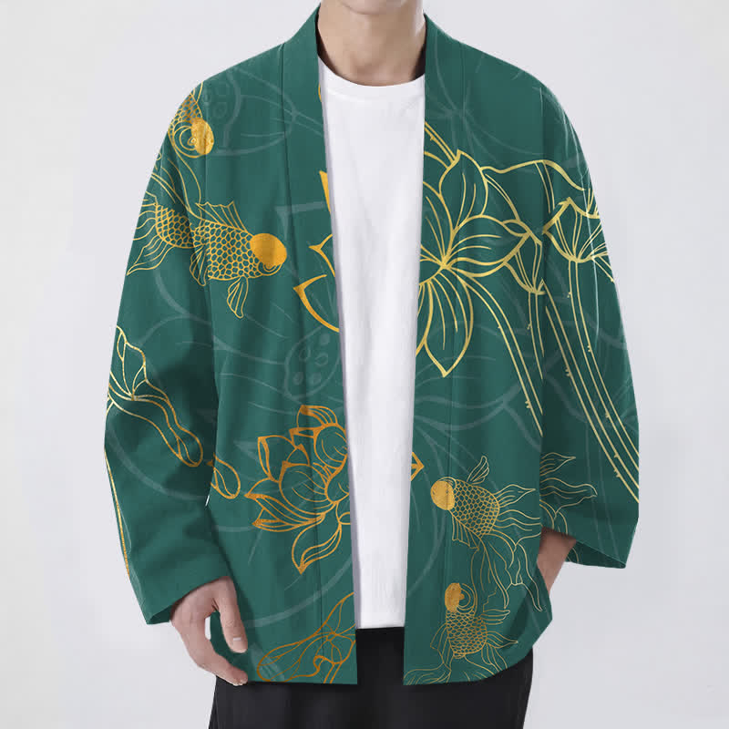 Buddha Stones Kimono für Herren aus Baumwolle mit Koi-Lotus-Muster und offener Vorderseite - Mittelseegrün - US/UK/AU48, EU58 (4XL) - image 0