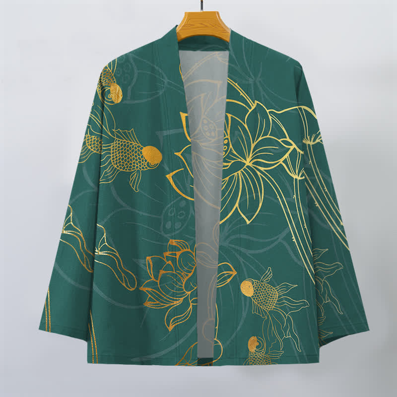 Buddha Stones Kimono für Herren aus Baumwolle mit Koi-Lotus-Muster und offener Vorderseite - image 1