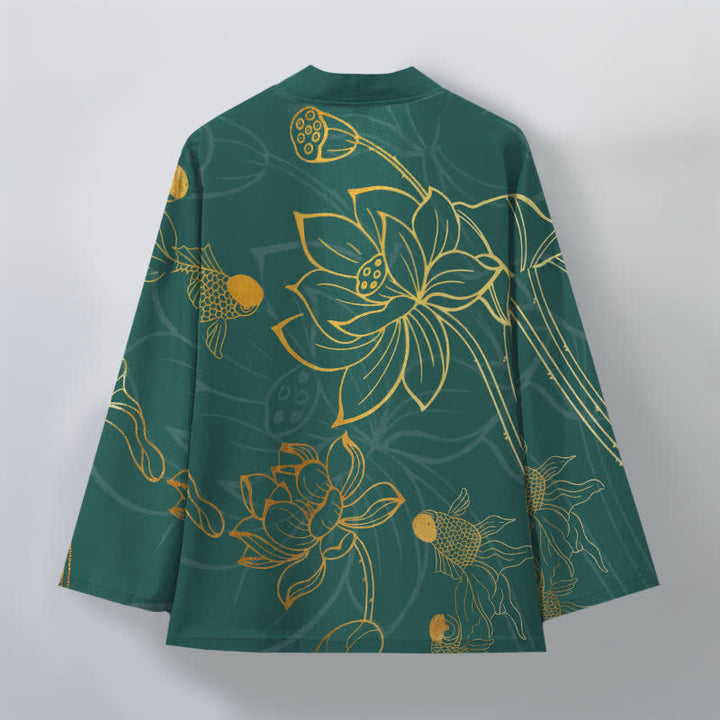 Buddha Stones Kimono für Herren aus Baumwolle mit Koi-Lotus-Muster und offener Vorderseite - image 2