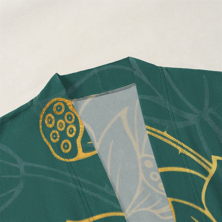 Buddha Stones Kimono für Herren aus Baumwolle mit Koi-Lotus-Muster und offener Vorderseite - image 3
