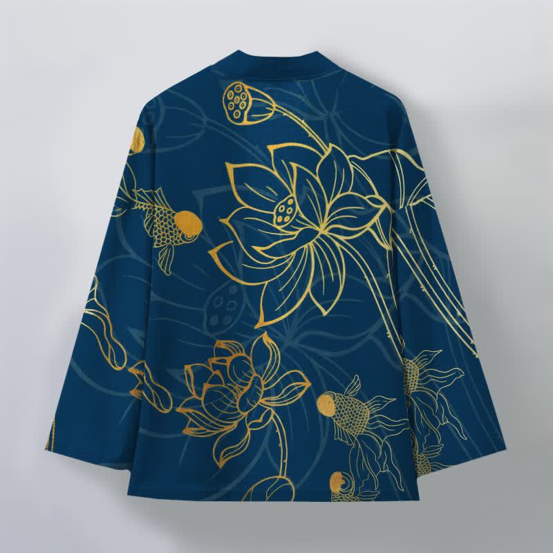 Buddha Stones Kimono für Herren aus Baumwolle mit Koi-Lotus-Muster und offener Vorderseite - image 8