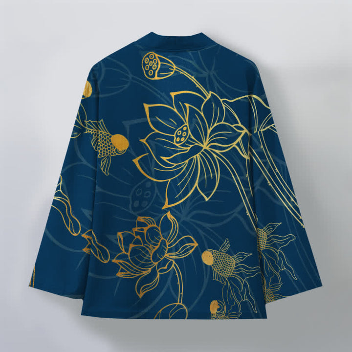 Buddha Stones Kimono für Herren aus Baumwolle mit Koi-Lotus-Muster und offener Vorderseite - image 8