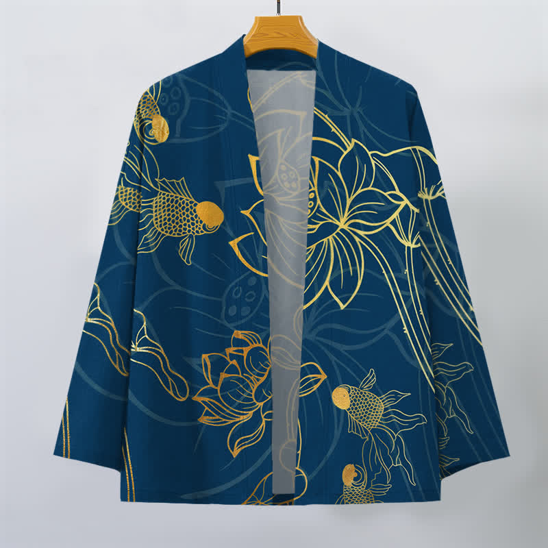 Buddha Stones Kimono für Herren aus Baumwolle mit Koi-Lotus-Muster und offener Vorderseite - image 7