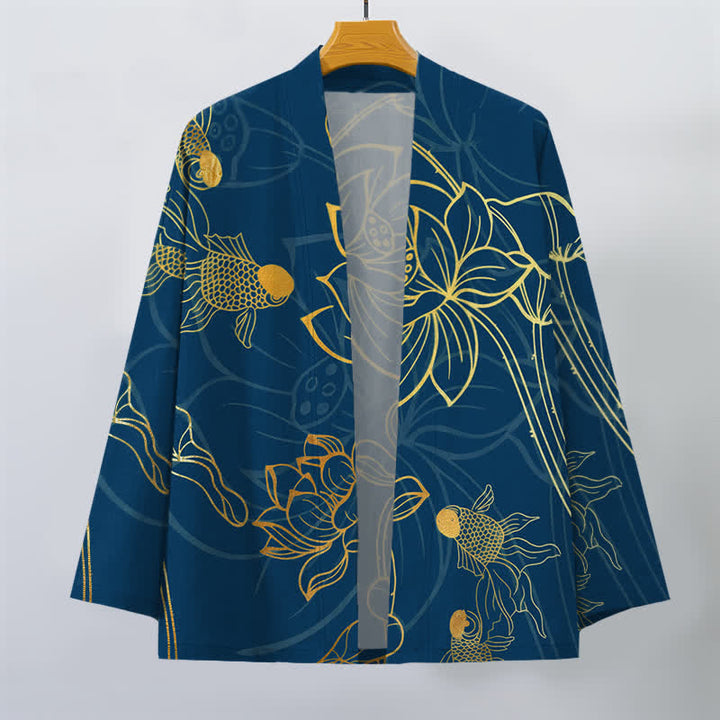Buddha Stones Kimono für Herren aus Baumwolle mit Koi-Lotus-Muster und offener Vorderseite - image 7